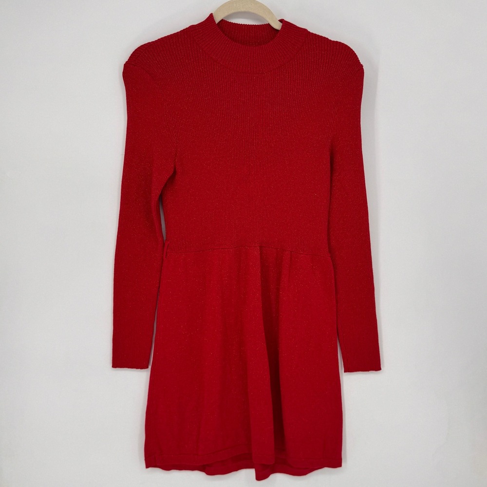 Free People Sweater Dress Womens M Red Good Metallic Lurex Mock Neck Mini